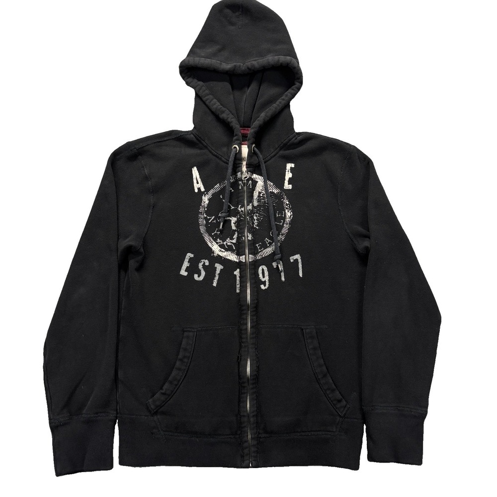Y2K American Eagle Hoodie Mens S Fleece Black Distressed Full Zip AE NY Graphic